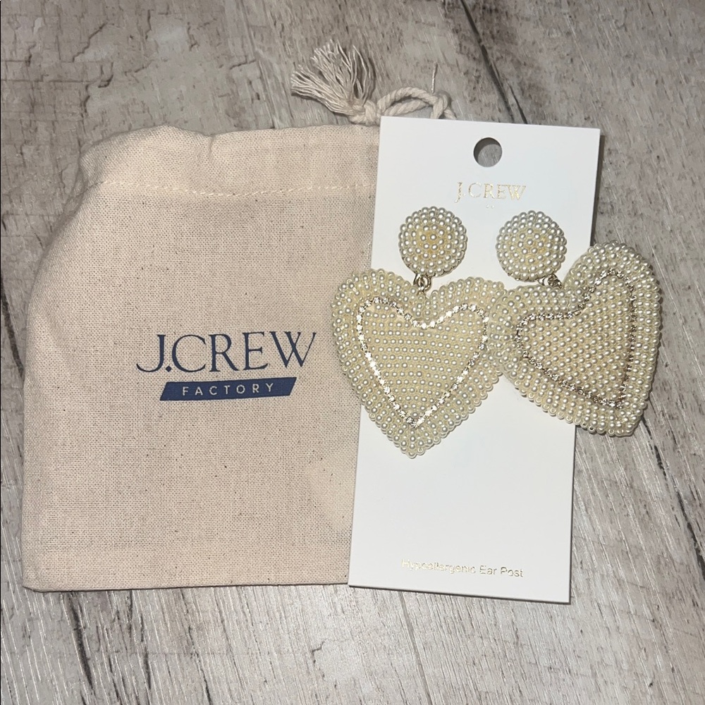J.Crew Factory Cream Beaded Heart Drop Earrings W/ Dust Bag, Hypoallergenic Post